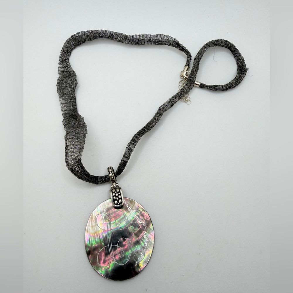 19" One-of-a-kind Etched "C" MoP pendant w/ fabric chain and 925 clasp!